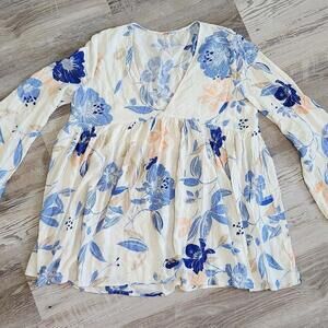 Free People Shirt Small Long Bell Sleeves Blue Floral Top Blouse Tunic Flowy